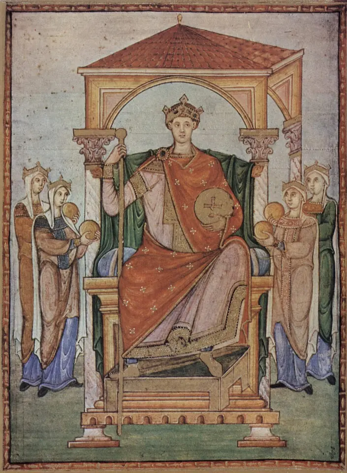 Medieval manuscript painting of Gregory seated at a lectern writing, a white dove at his ear, while a scribe behind a curtain peeks through a hole and writes on a tablet