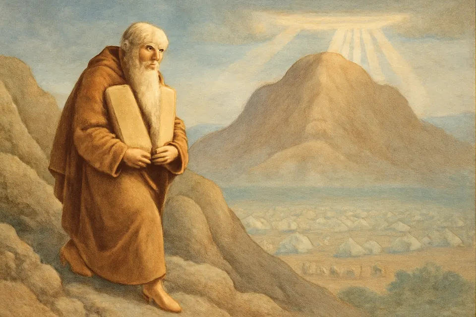 Fresco-style illustration of Moses coming down Mount Sinai at dawn carrying the two stone tablets of the law, with the camp of the Israelites spread out below