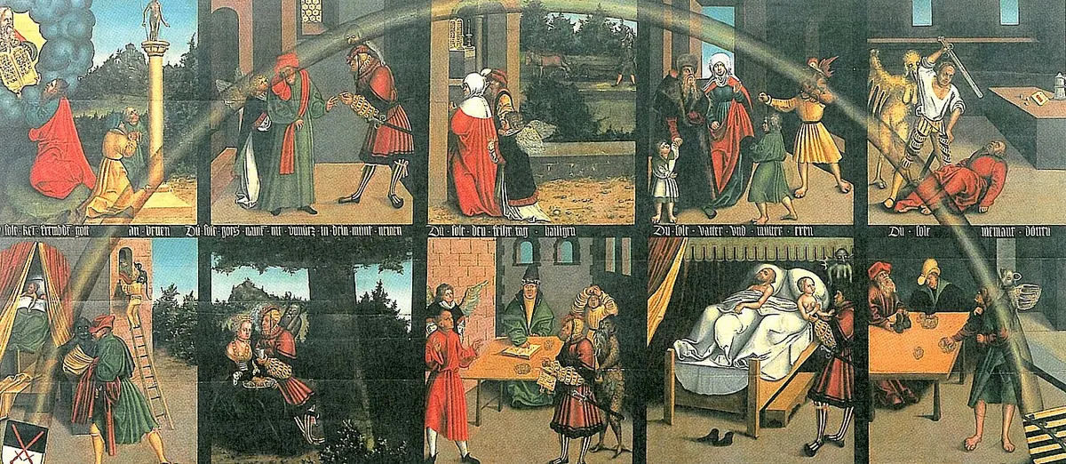 A long panel divided into ten small painted scenes, each showing people keeping or breaking one of the commandments, with a rainbow arching over the whole