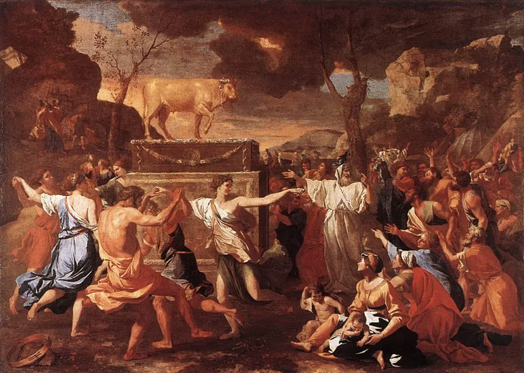 The Israelites dance in a ring around a golden calf on a tall pedestal while Aaron in white gestures toward it, and far off on the dark mountain Moses comes down with the tablets