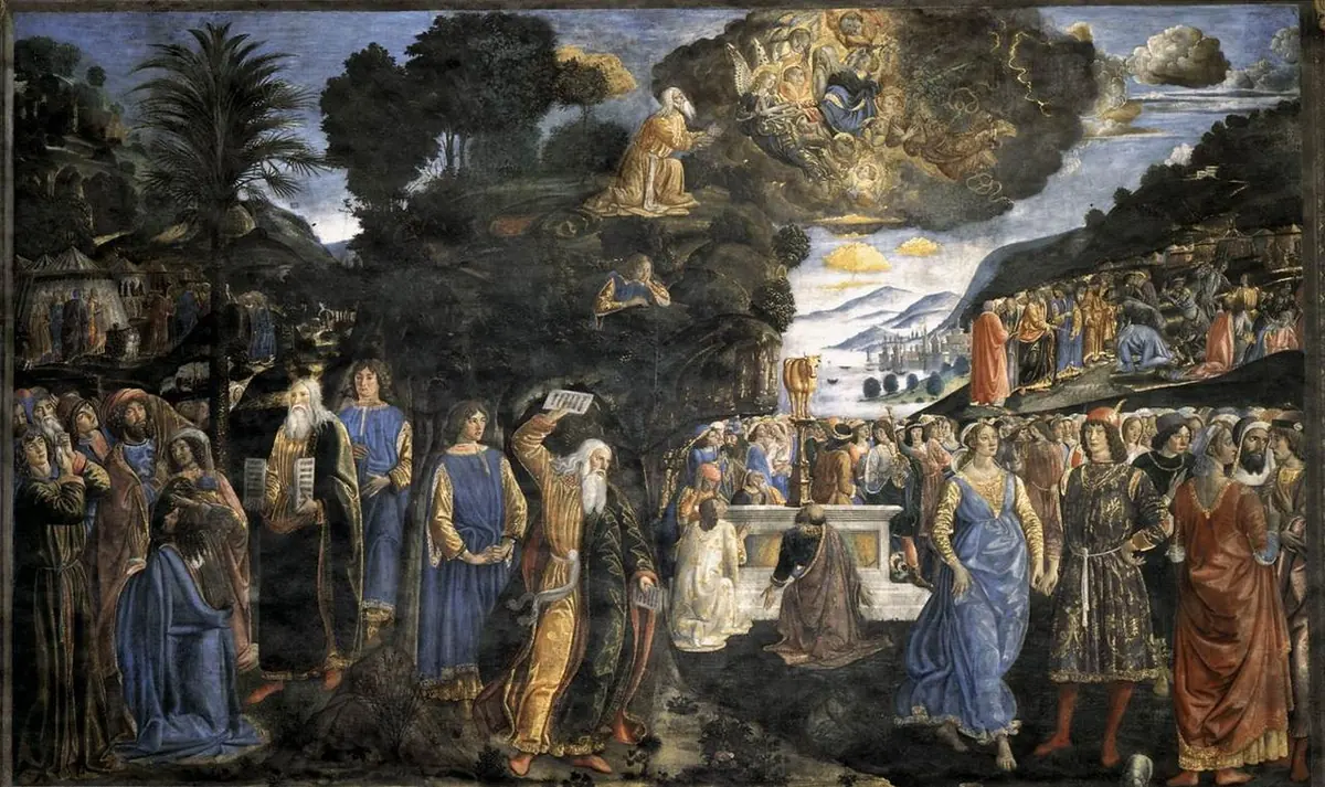 A wide fresco in which God gives Moses the tablets on the mountaintop above, while below Moses shows the tablets to the Israelites and, in the distance, the people dance around the golden calf
