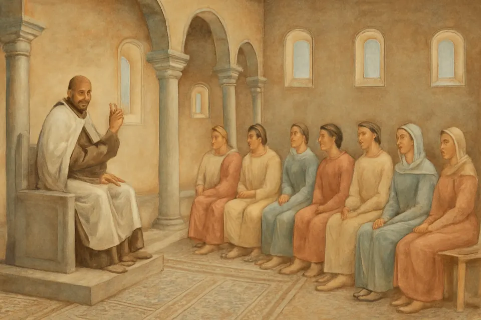 Fresco-style illustration of St. Augustine as a bishop teaching a group of adults preparing for baptism in an early basilica in North Africa
