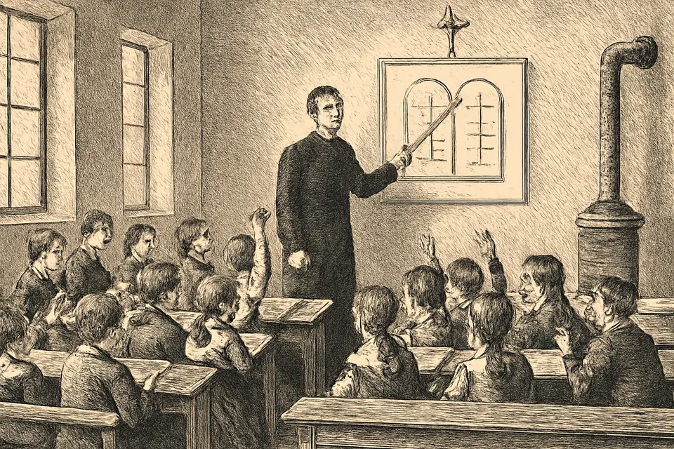 Engraving-style illustration of a priest in a cassock teaching a class of children in an old parish schoolroom, with a picture of the two stone tablets on the wall