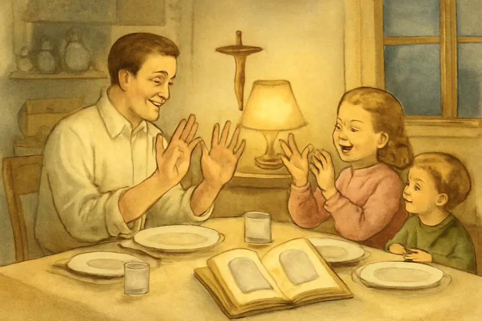 Watercolor illustration of a father teaching his young daughter and son to count the Ten Commandments on their fingers at the dinner table