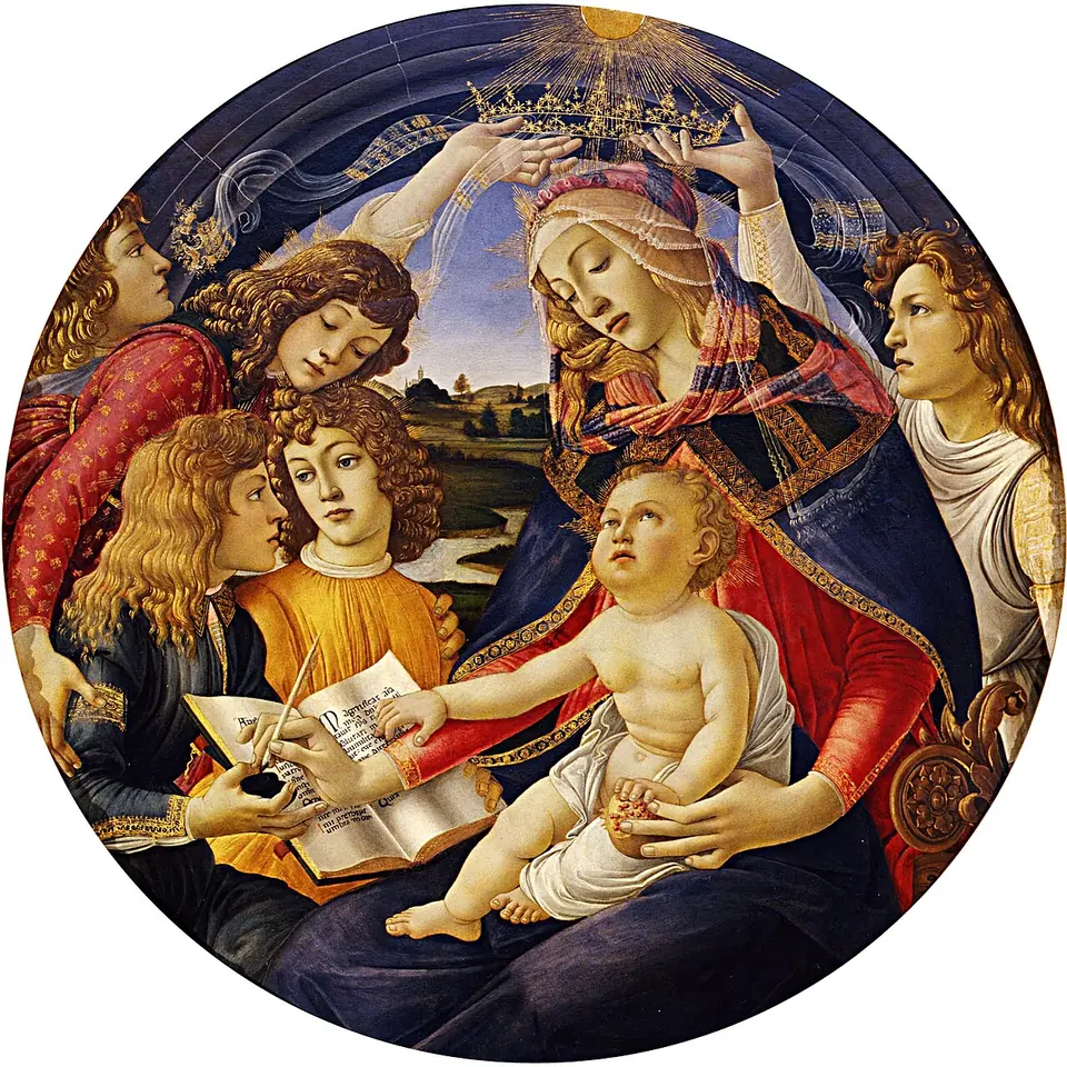 Round painting of Mary writing in a book held by young angels, with the Child on her lap and two angels holding a golden crown over her head