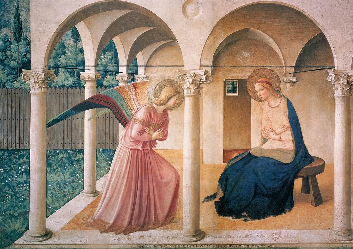 Fresco of the angel Gabriel with rainbow-colored wings bowing before Mary, who sits on a stool in a vaulted loggia with her arms crossed on her breast