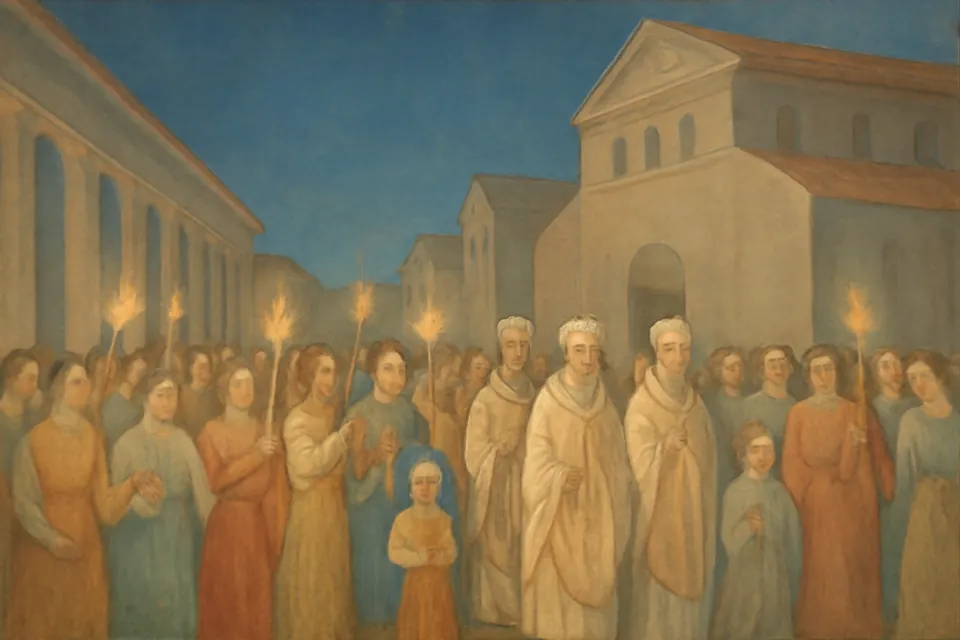 Illustration of the people of Ephesus carrying torches to escort the bishops home after the Council of Ephesus in 431