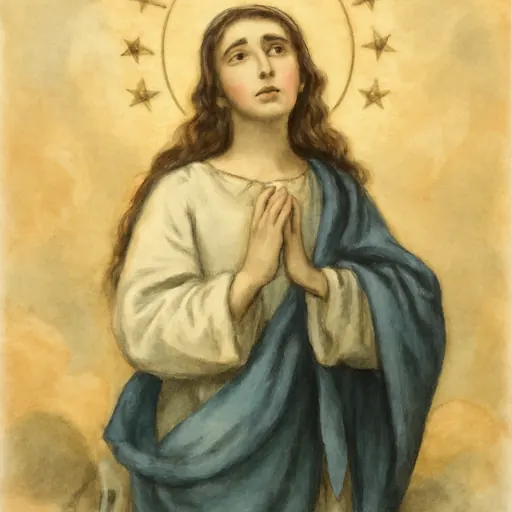 Oil-painting-style image of the Immaculate Conception, a young woman in white with a blue mantle, hands crossed on her breast, standing on a crescent moon among clouds and cherubs under a crown of twelve stars