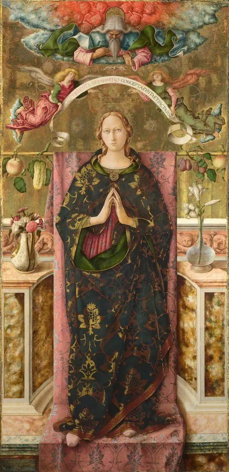 Tall panel of the Virgin in a richly patterned green and gold robe, hands joined, framed by garlands of fruit, vases of lilies and roses, with God the Father above