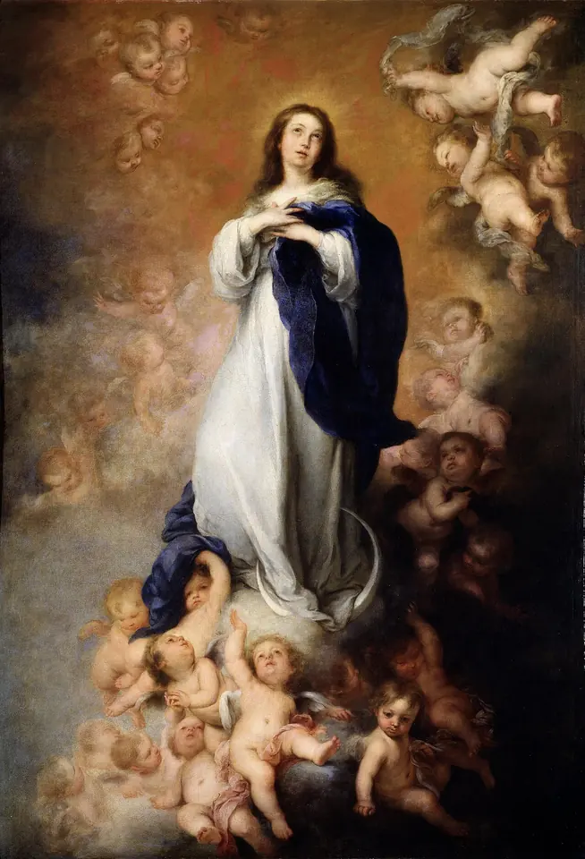 The young Virgin in white with a billowing blue mantle, hands crossed on her breast and eyes raised, rising on clouds above a crescent moon among many cherubs