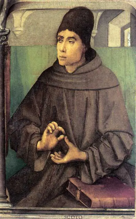 Portrait of a friar in a brown habit and dark cap seated with a book, gesturing with his hands as if making an argument