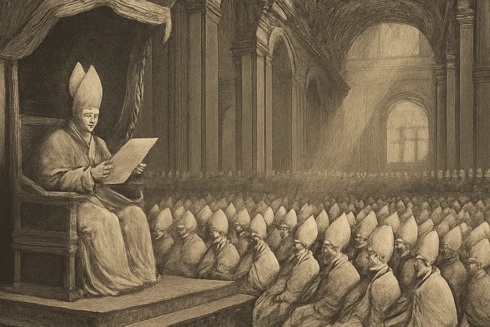 Engraving-style illustration of Pope Pius IX reading the definition of the Immaculate Conception from the papal throne in St. Peter's Basilica before rows of bishops