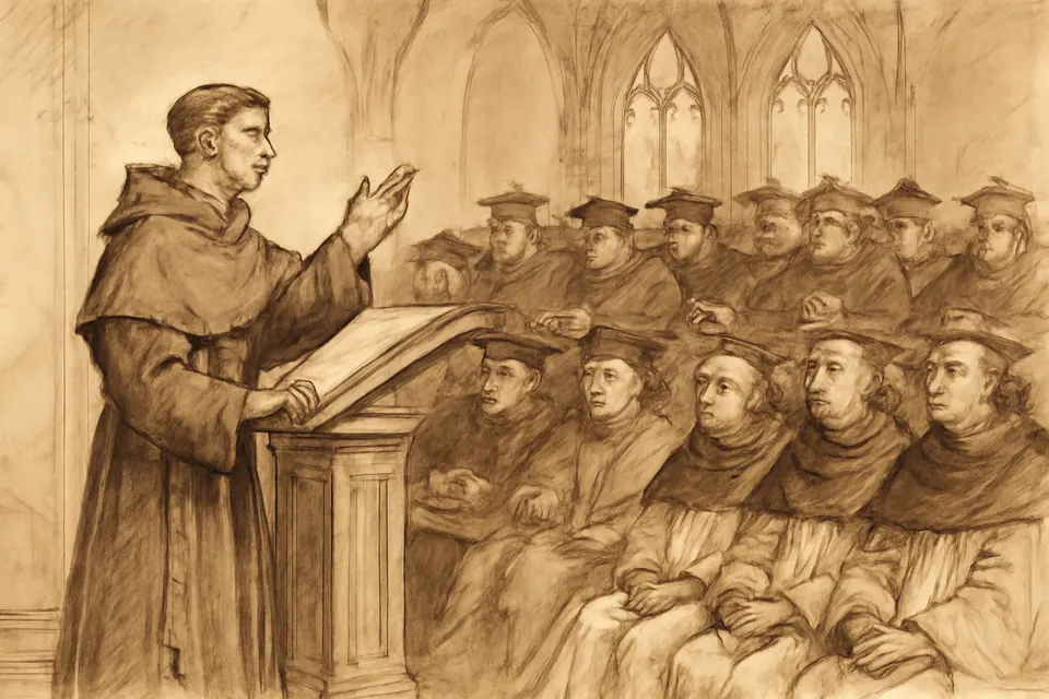 Ink-style illustration of a young Franciscan friar arguing before a hall of medieval masters and students
