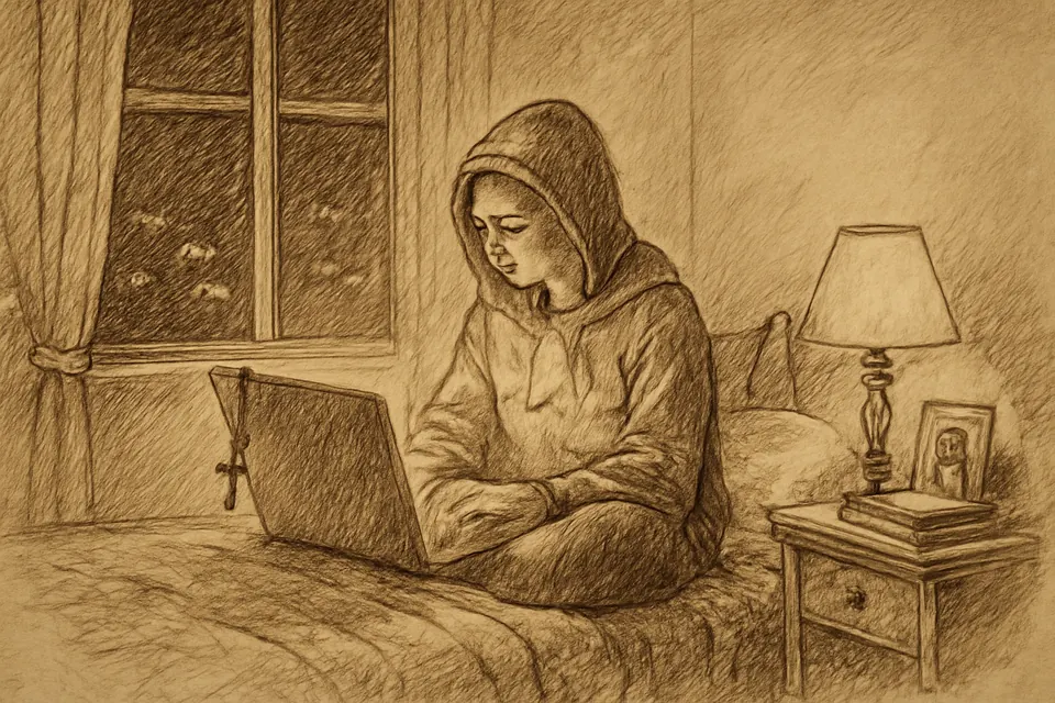 Watercolor-style illustration of a teenager at a laptop late at night in a small bedroom, a rosary looped over the screen and a holy card of a bishop with a book propped against the lamp
