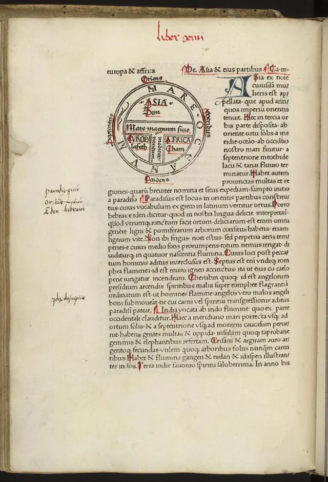 Printed book page with a circular diagram of the world divided by a T into Asia, Europe and Africa, surrounded by Latin text