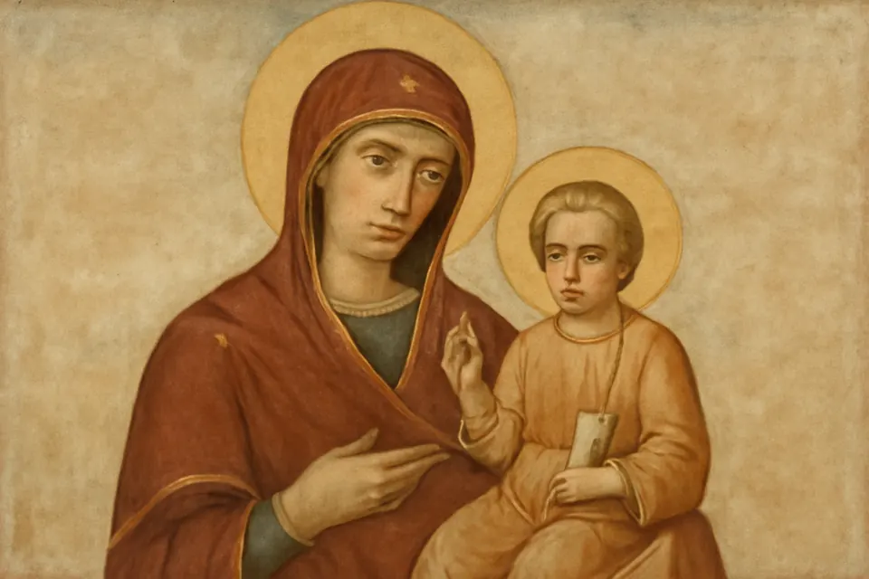 Icon-style painting of the Virgin Mary in a deep red mantle holding the Christ Child, who raises his hand in blessing, against a plain gold background
