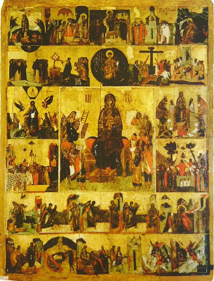 Russian icon with the enthroned Virgin and Child at the center, surrounded on all sides by rows of small scenes illustrating the Akathist hymn