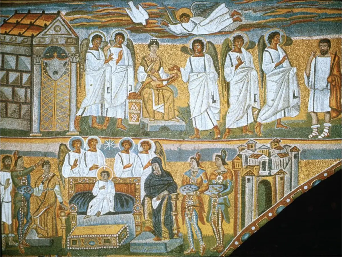 Two bands of early Christian mosaic on a gold ground; above, the Virgin Mary sits in rich robes among angels in white with another angel flying overhead, and below is a scene from the childhood of Christ