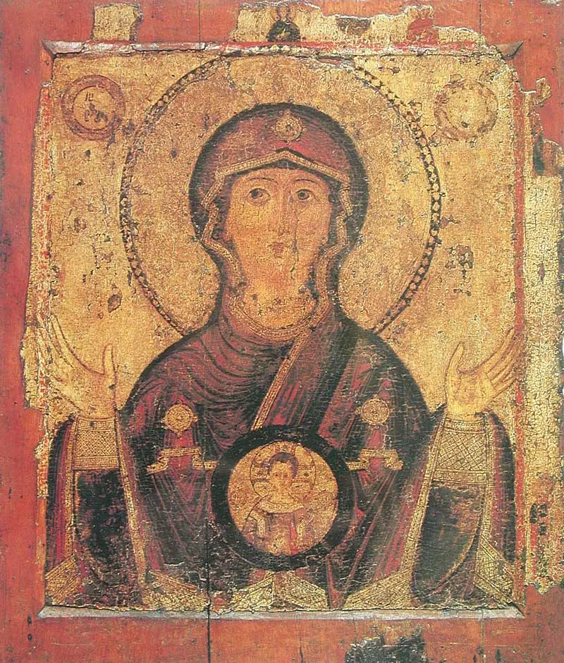 Novgorod icon of the Virgin Mary with arms raised in prayer and the Christ Child shown in a round medallion on her breast