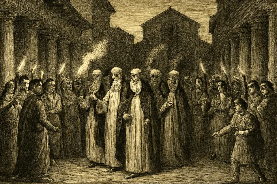 Engraving-style illustration of the people of Ephesus at nightfall escorting bishops through the streets with torches and incense after the council of 431