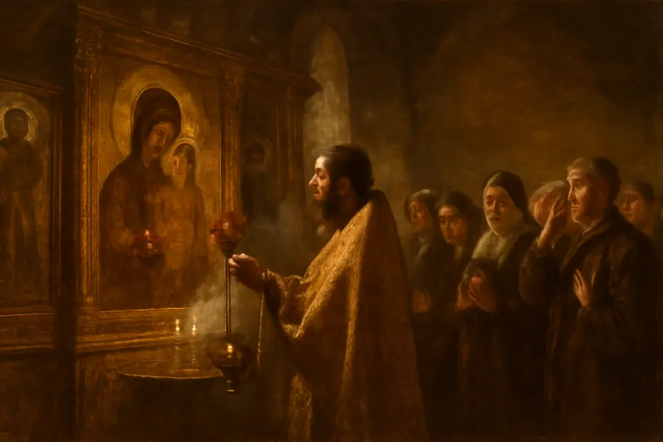 Oil-painting-style illustration of a Byzantine-rite priest censing an icon of the Mother of God on the iconostasis while the faithful stand in prayer