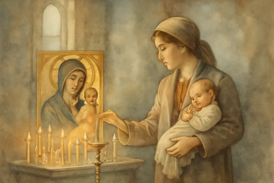 Watercolor-style illustration of a young mother holding her baby and lighting a candle before an icon of the Mother of God