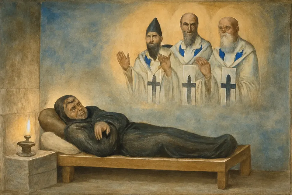 Fresco-style scene of a bishop asleep in his cell while three robed bishops appear to him in a pool of light