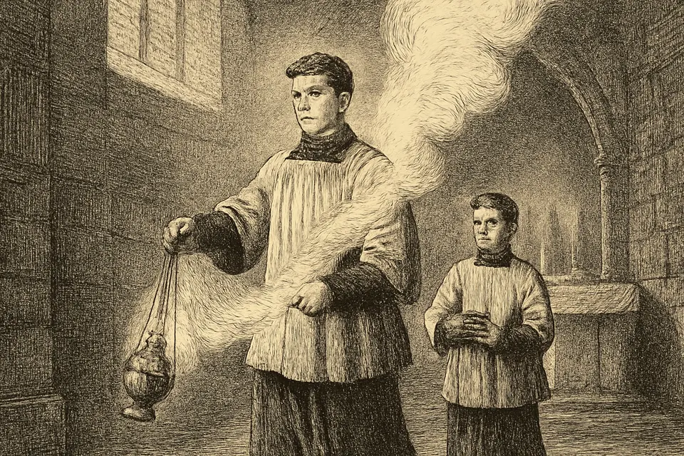 Oil-painting-style illustration of an altar server swinging a brass thurible in a dim church, a cloud of incense smoke drifting up through a beam of sunlight