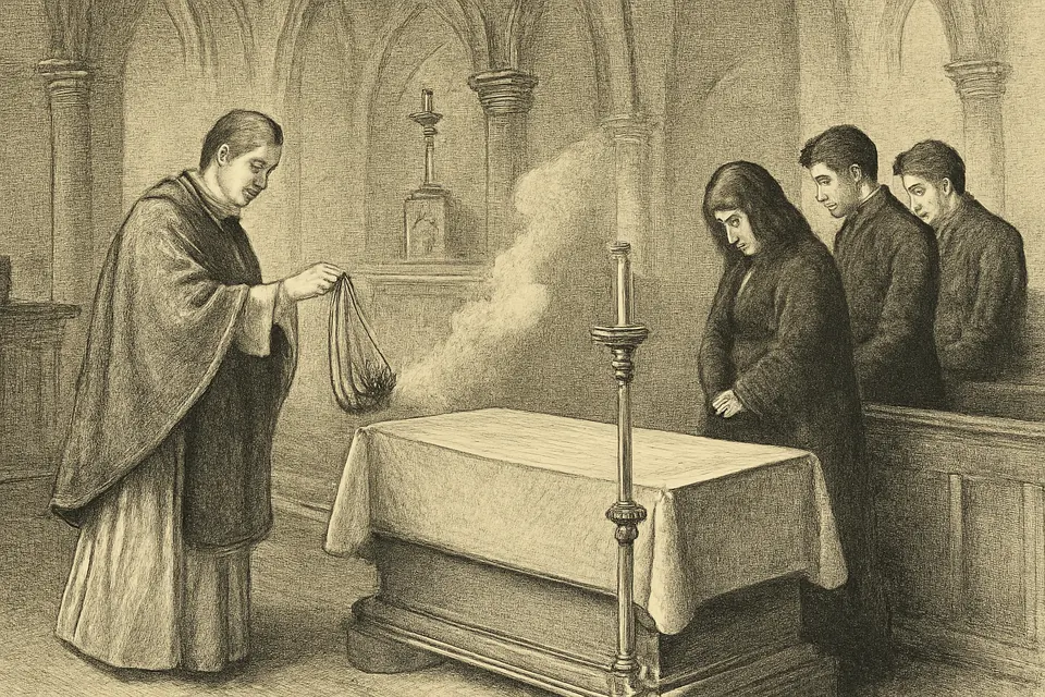Engraving-style illustration of a priest incensing a coffin before the altar at a funeral Mass while the family stands in the front pew