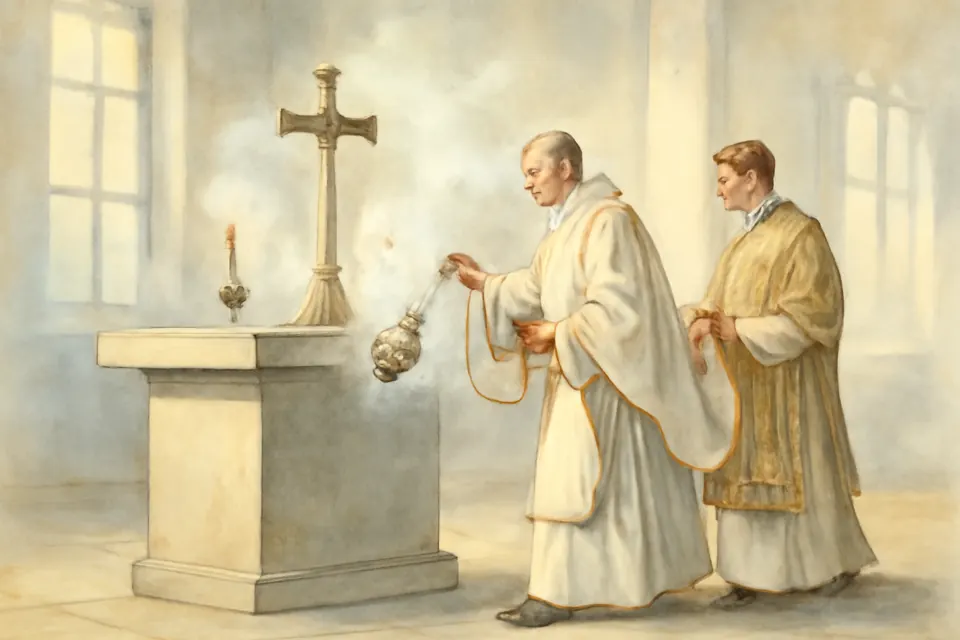 Watercolor illustration of a priest in a white chasuble walking around the altar swinging a thurible toward it, smoke rising around the altar cross