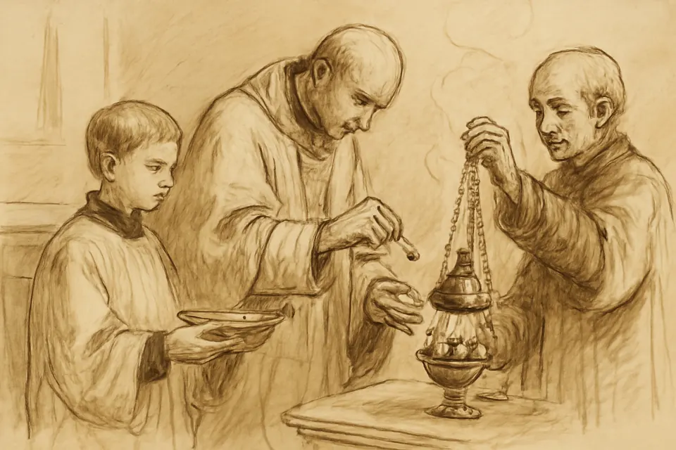 Ink-drawing-style illustration of a priest spooning incense from a boat held by a server onto the coals of an open thurible held by another server