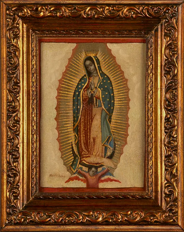 Miguel Cabrera's painted copy of the Guadalupe image in a carved gilded frame, the Virgin in a star-covered blue mantle standing on a crescent held by an angel