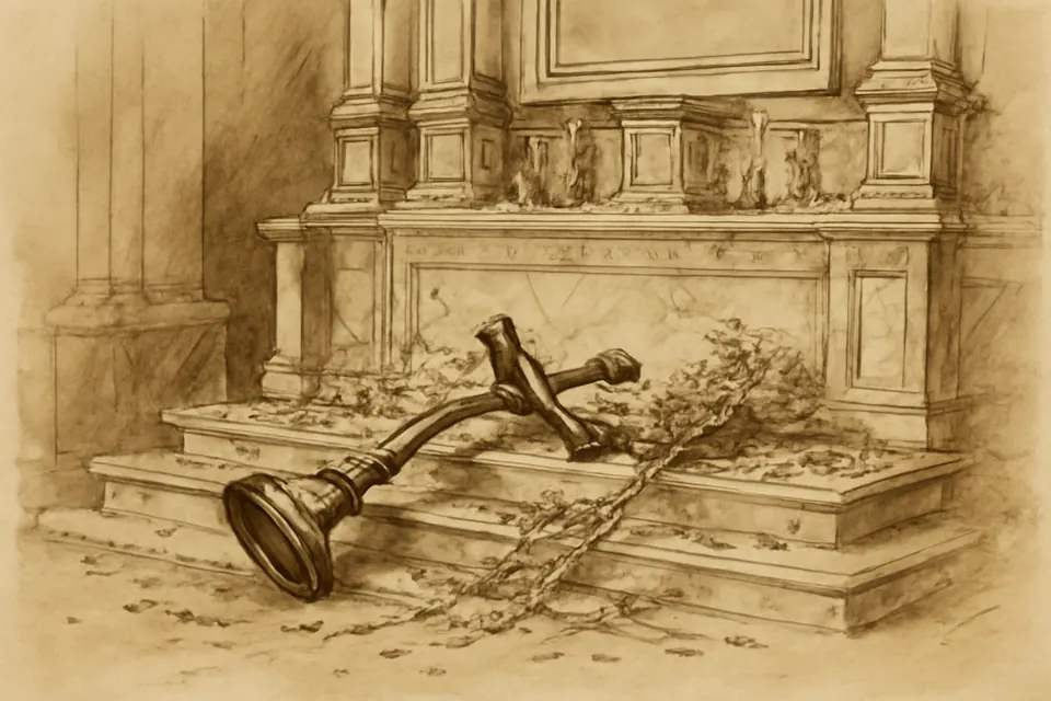 Ilustración en tinta sepia de un crucifijo de bronce doblado, caído sobre las gradas de un altar de mármol entre tallos de flores y candeleros, después de una explosión