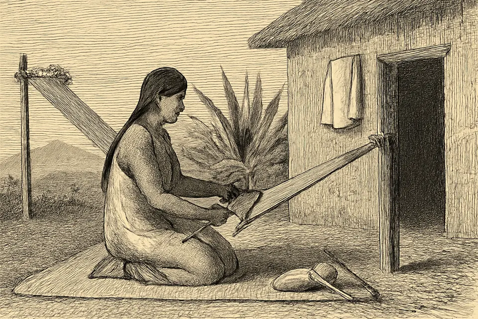 Engraving-style illustration of a 16th-century Nahua woman weaving coarse plant-fiber cloth on a backstrap loom outside an adobe house, with maguey plants behind her