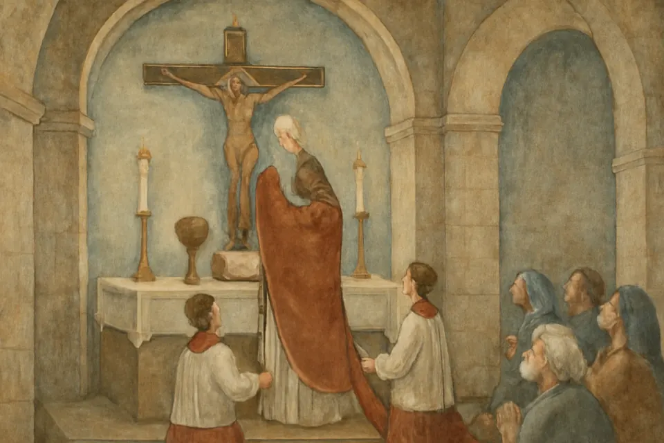Fresco-style illustration of a priest at a stone altar lifting the consecrated Host high above a chalice as servers kneel and candles burn