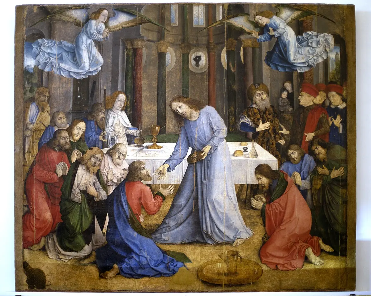 Painting of Christ in a blue robe walking among the kneeling apostles and placing a Host on the tongue of one of them, while angels hover above a white altar