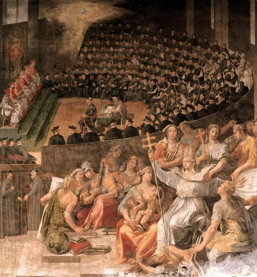 Fresco of the bishops of the Council of Trent seated in tiers in a great hall, with allegorical women representing the Church and the virtues gathered in the foreground