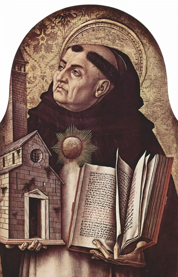 Gold-ground panel of St. Thomas Aquinas in a Dominican habit holding an open book and a model of a church, with a radiant sun on his breast