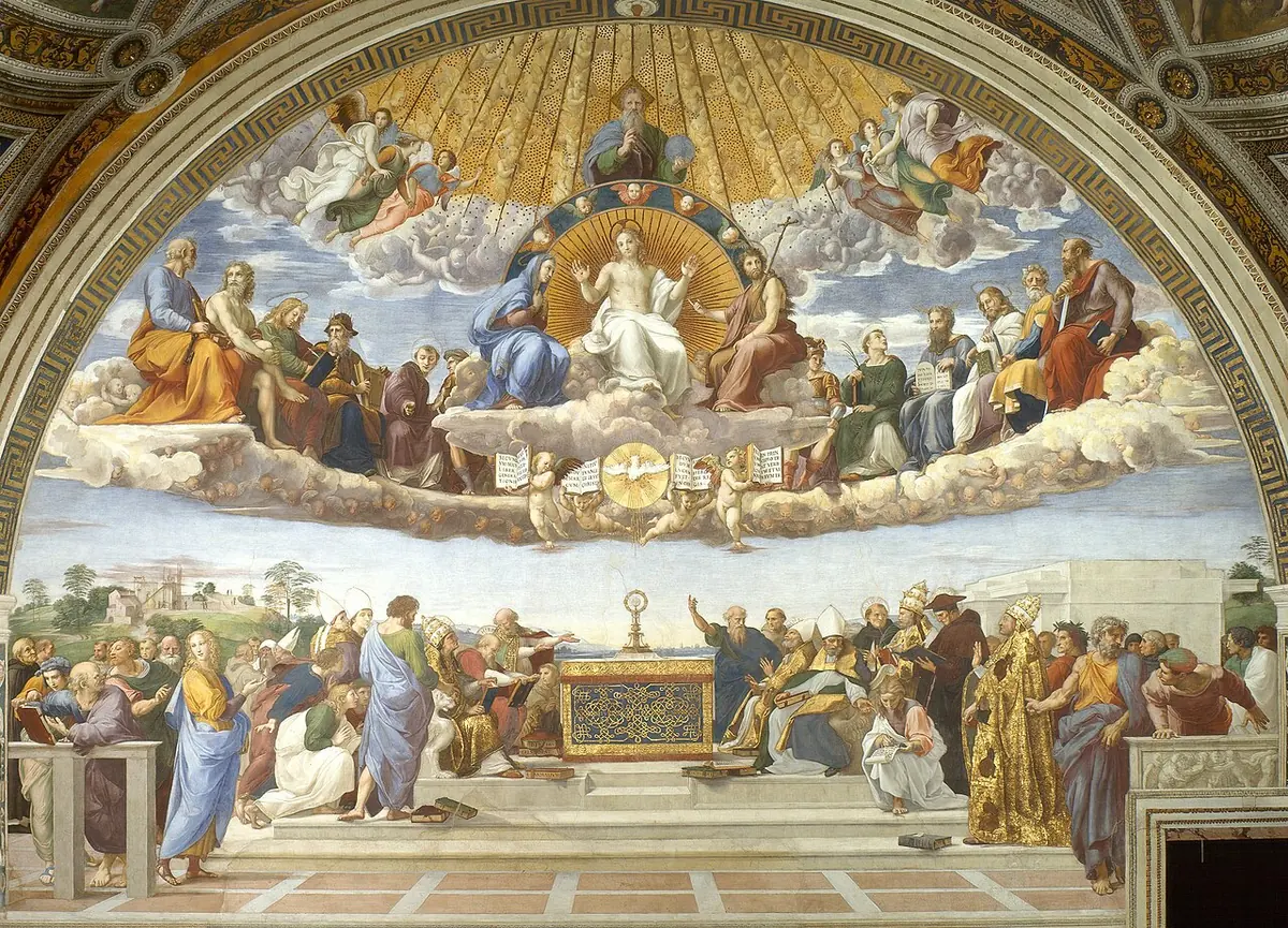 Fresco of the Holy Trinity and the saints enthroned in the clouds above an altar on which a monstrance holds the Host, with popes, bishops and theologians gathered on either side below