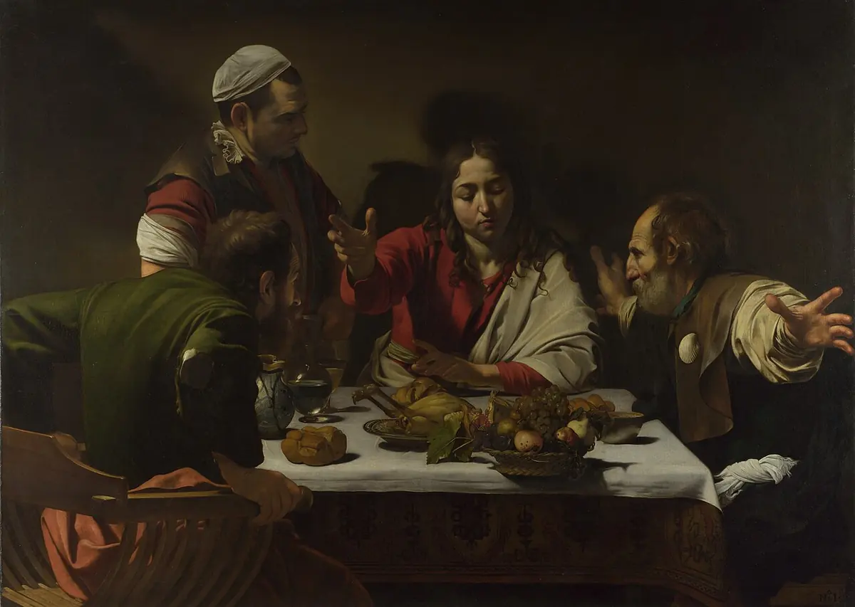 Painting of the risen Christ seated at a table blessing bread, while two disciples start back in astonishment and an innkeeper looks on