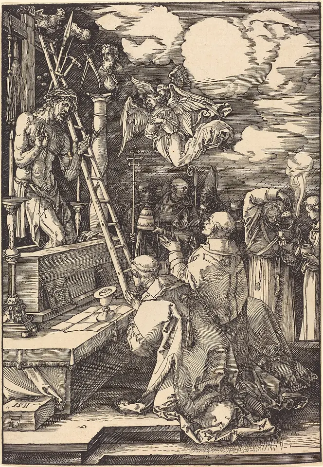 Woodcut of Pope St. Gregory kneeling at an altar as Christ, crowned with thorns and surrounded by the instruments of the Passion, appears above it, with clergy kneeling behind the pope
