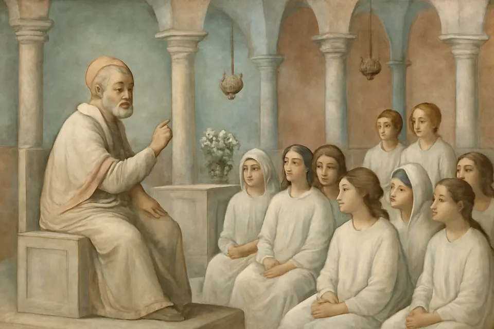 Fresco-style illustration of a bishop in the fourth century teaching the newly baptized, dressed in white robes, in a church in Jerusalem