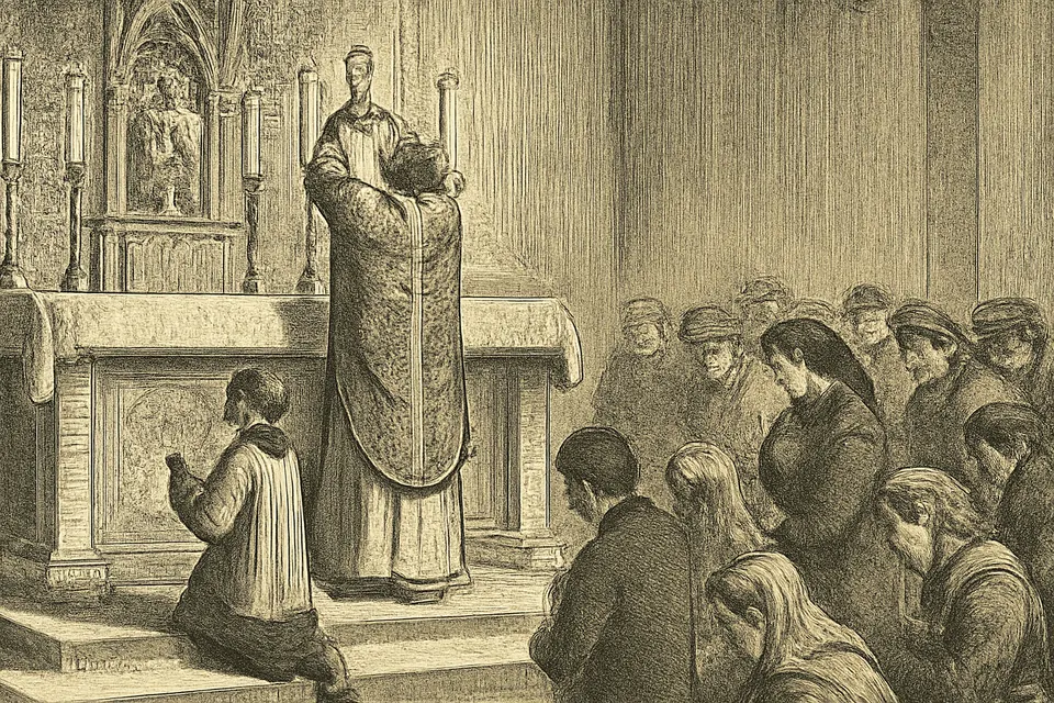 Engraving-style illustration of a priest raising the chalice at the consecration while a server rings a bell and the people kneel