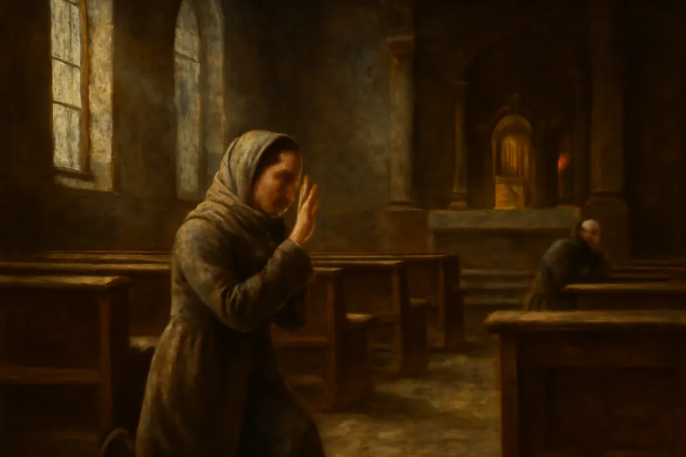 Oil-painting-style illustration of a young woman genuflecting toward the tabernacle as she enters the pew of a quiet church