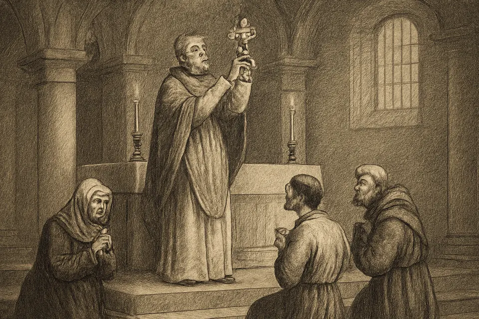 Oil-painting-style illustration of a bishop holding a small gold cross-shaped reliquary before kneeling pilgrims in a candlelit Roman chapel