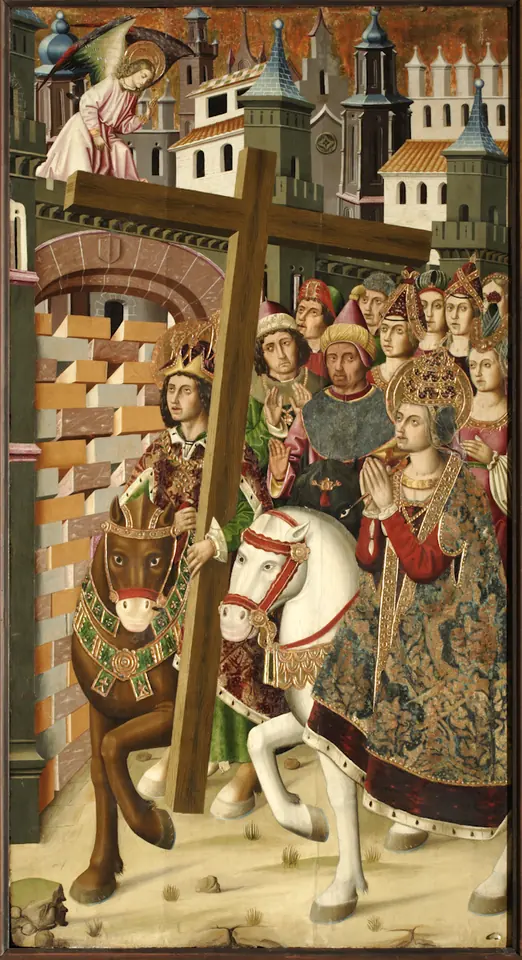 Gothic panel painting of a crowned emperor on a white horse carrying a large cross through a city gate, with an angel above the gate and a crowd of nobles behind