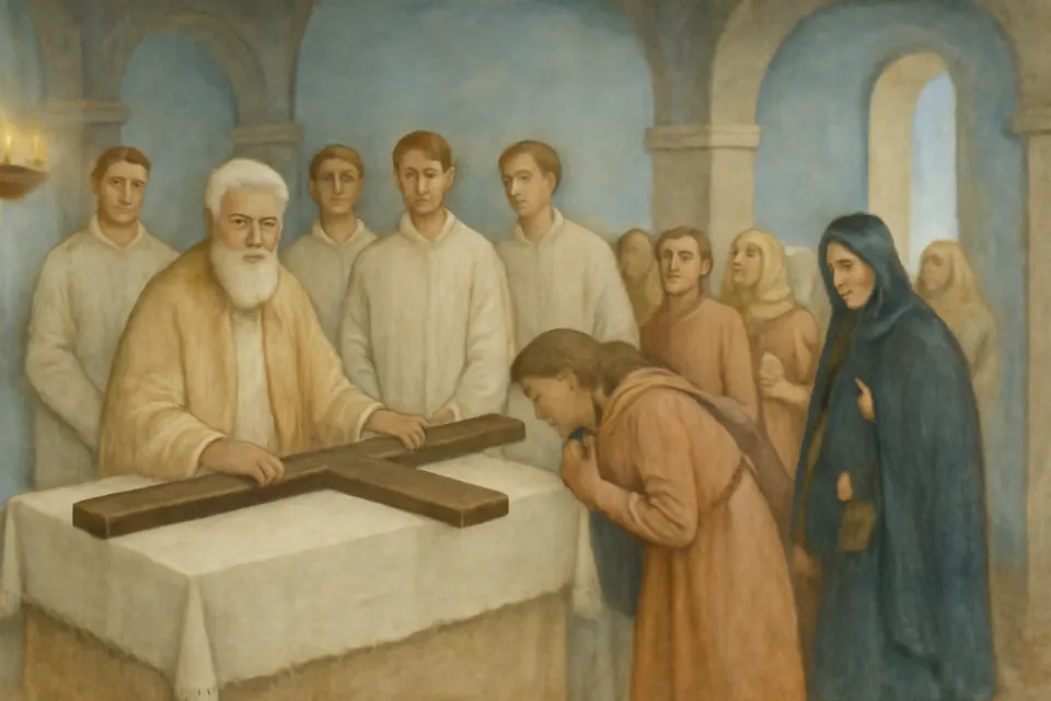 Fresco-style illustration of 4th-century Christians in Jerusalem filing past a table where a bishop holds the wood of the Cross while deacons stand guard