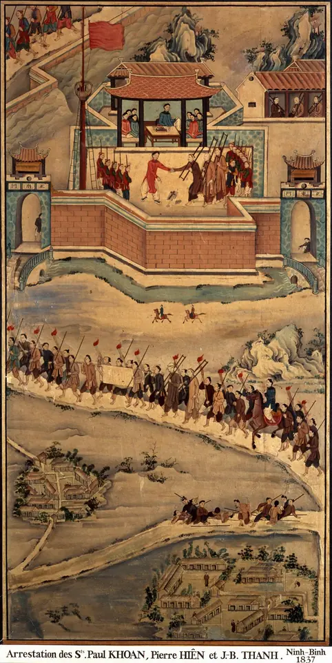 Old Vietnamese painting of a long line of soldiers and prisoners winding along a river toward a walled citadel with a red-roofed tower and a banner