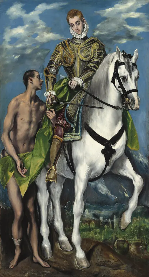 Painting of a young nobleman in gold-damascened armor on a white horse, cutting his green cloak with a sword to share it with a nearly naked beggar