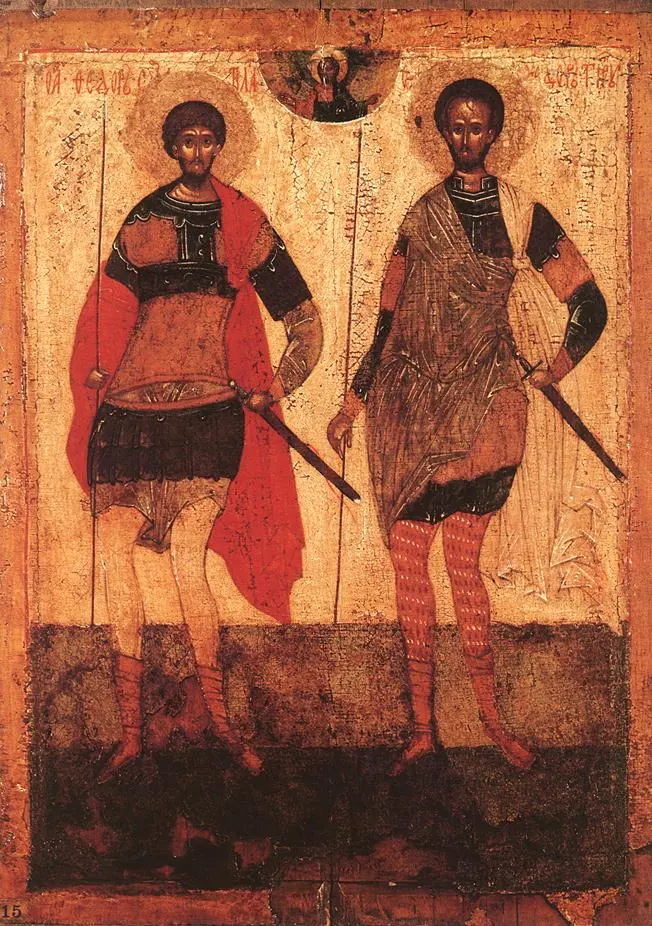 Russian icon of two haloed soldier saints standing side by side in short armor and red cloaks, each holding a sword